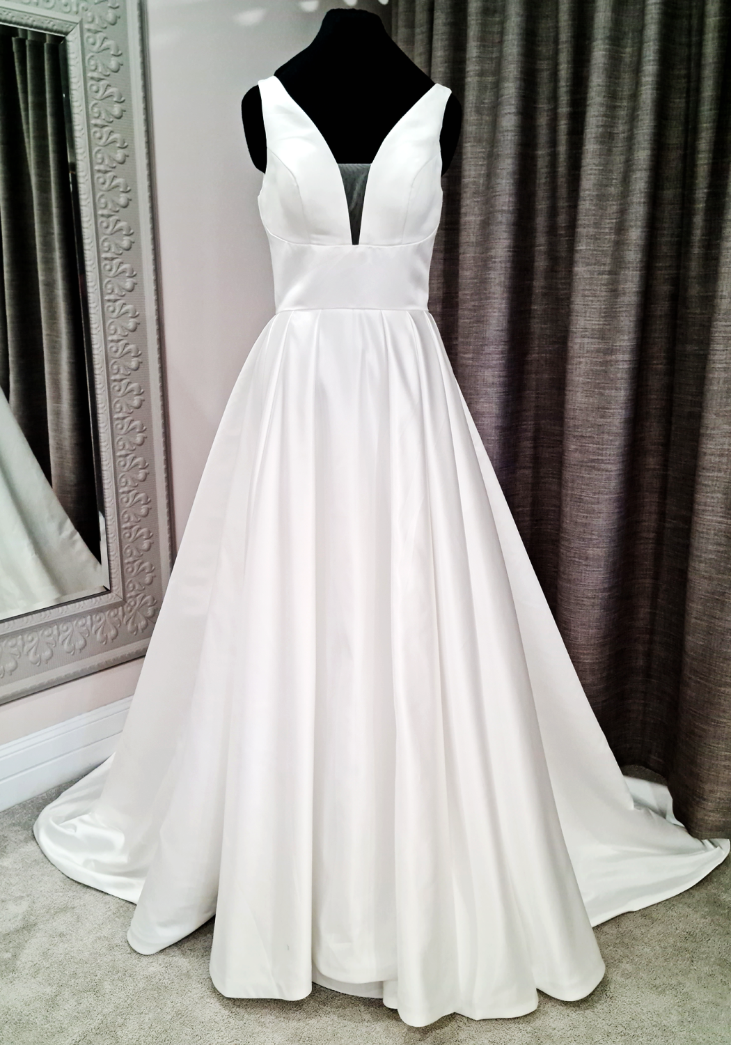 Classic A-line satin sleeveless wedding dress, deep V neckline front and back, pockets, zipper or corset back
